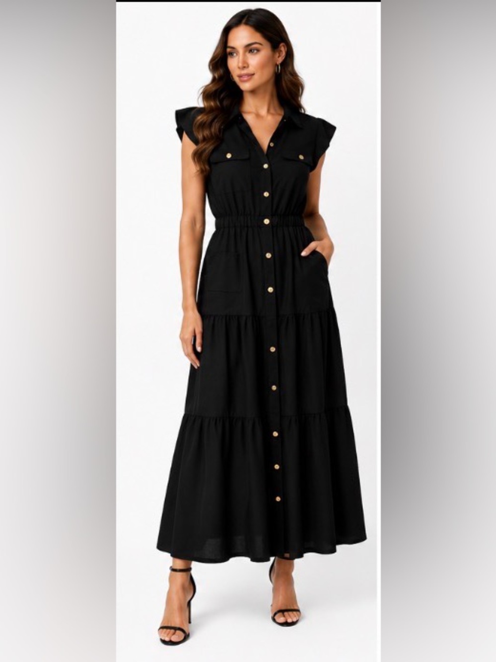 Tahari ASL Black Tiered Midi Dress Size 16 NWT Gold Buttons